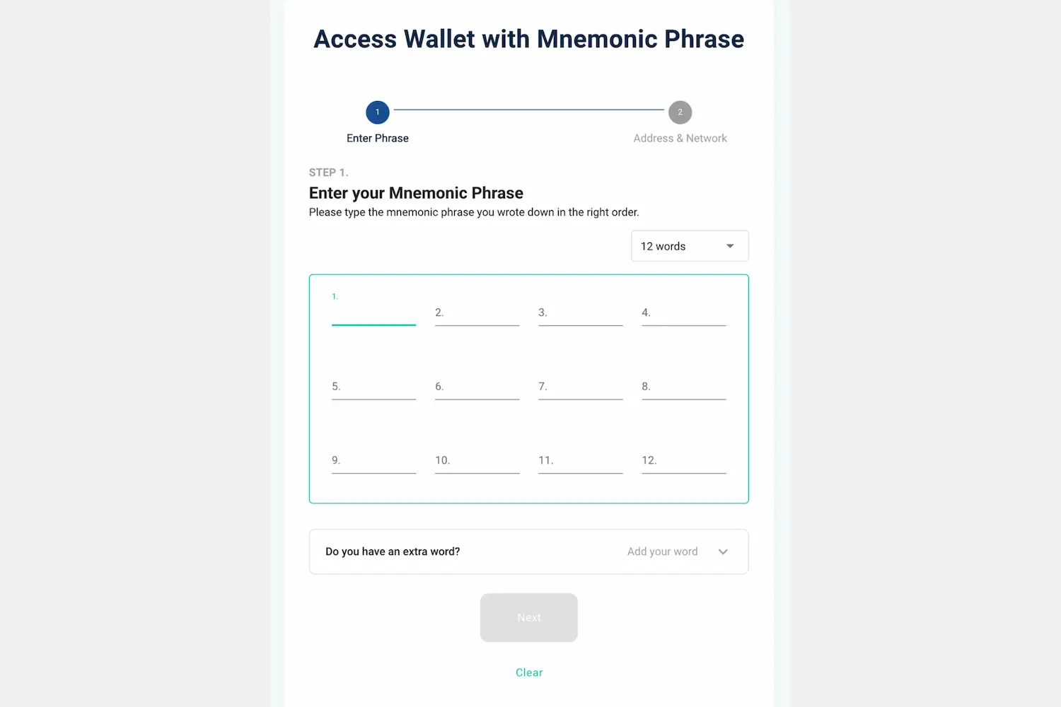 Ekran Access Wallet with Mnemonic Phrase w MyEtherWallet z pustą siatką dwunastu pól, w których wpisuje się frazę odzyskiwania w prawidłowej kolejności.