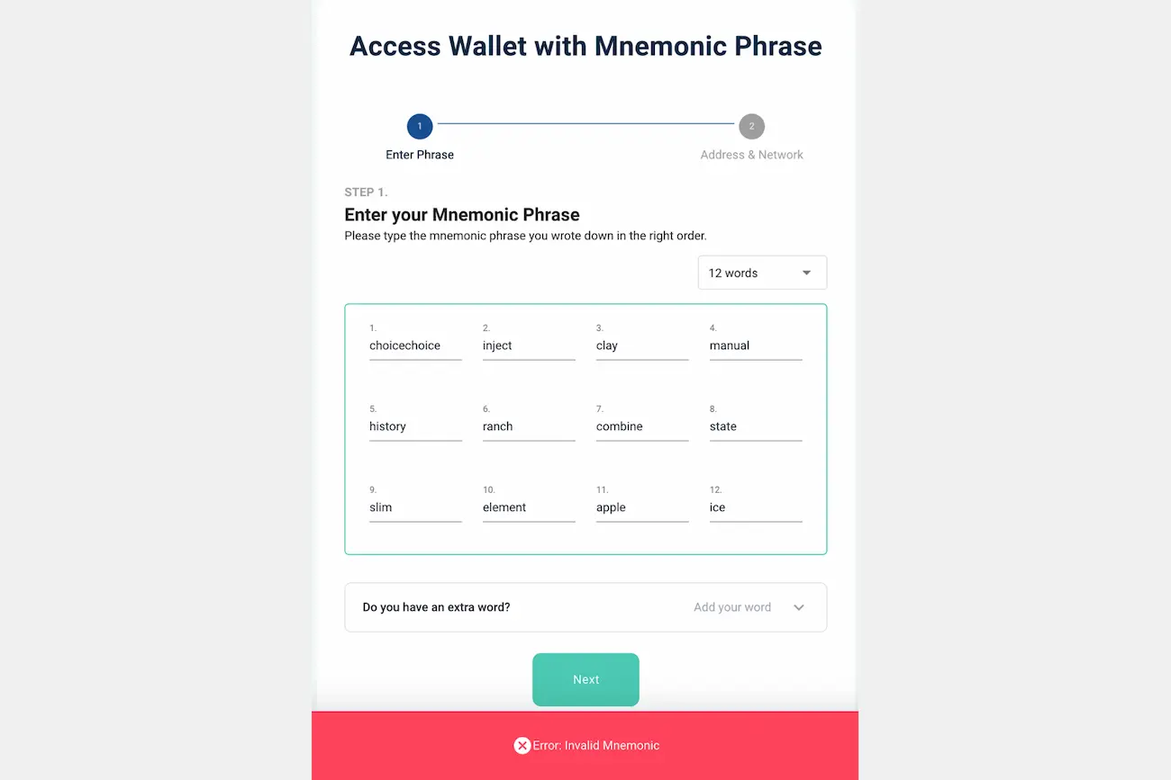 Ekran MyEtherWallet z dwunastoma przykładowymi słowami i czerwonym komunikatem Error: Invalid Mnemonic.