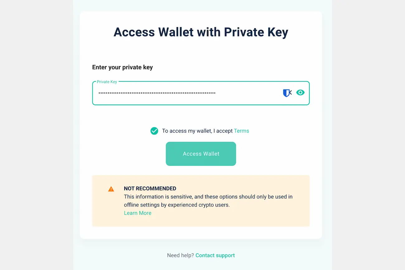 Ekran Access Wallet with Private Key w MyEtherWallet z zamaskowanym polem klucza prywatnego, zaznaczoną zgodą na warunki, przyciskiem Access Wallet i ostrzeżeniem, aby korzystać z tej metody wyłącznie offline.