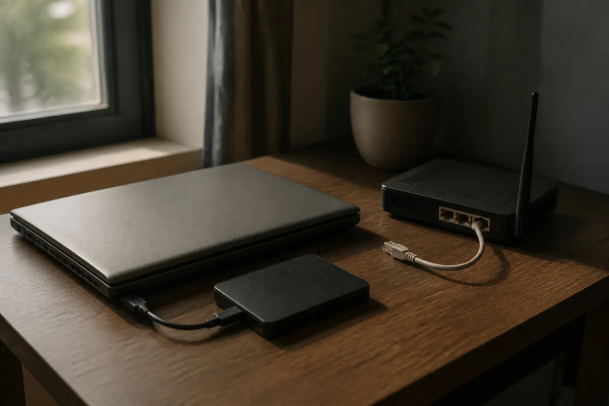 Closed laptop, router and disconnected network cable