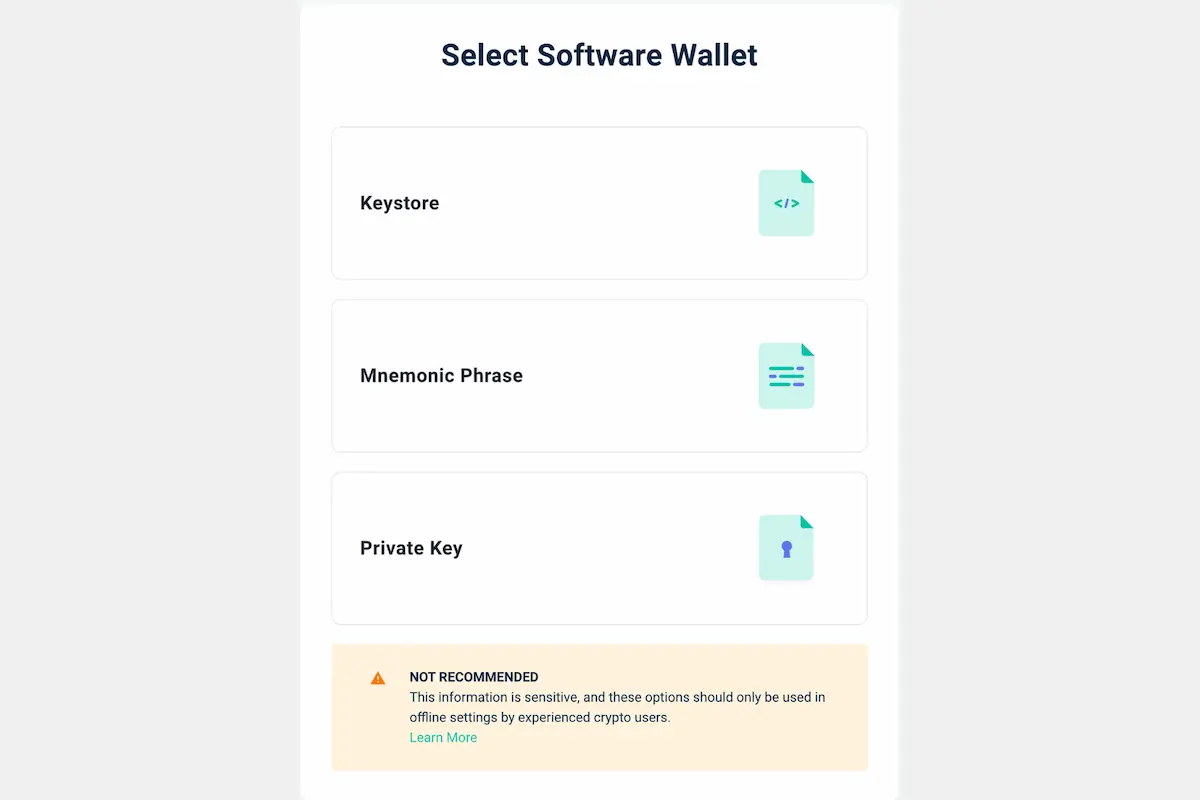 Ekran Select Software Wallet w MyEtherWallet z trzema opcjami Keystore, Mnemonic Phrase i Private Key oraz ostrzeżeniem Not Recommended, że metody te należy stosować wyłącznie offline i przy odpowiednim doświadczeniu.