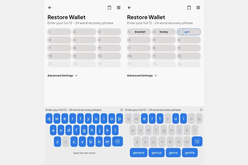 Coinomi's Restore Wallet screen showing the word-by-word entry interface. The right panel demonstrates how typing a partial word (gen) filters suggestions to matching BIP39 words: general, genius, genre, and gentle.