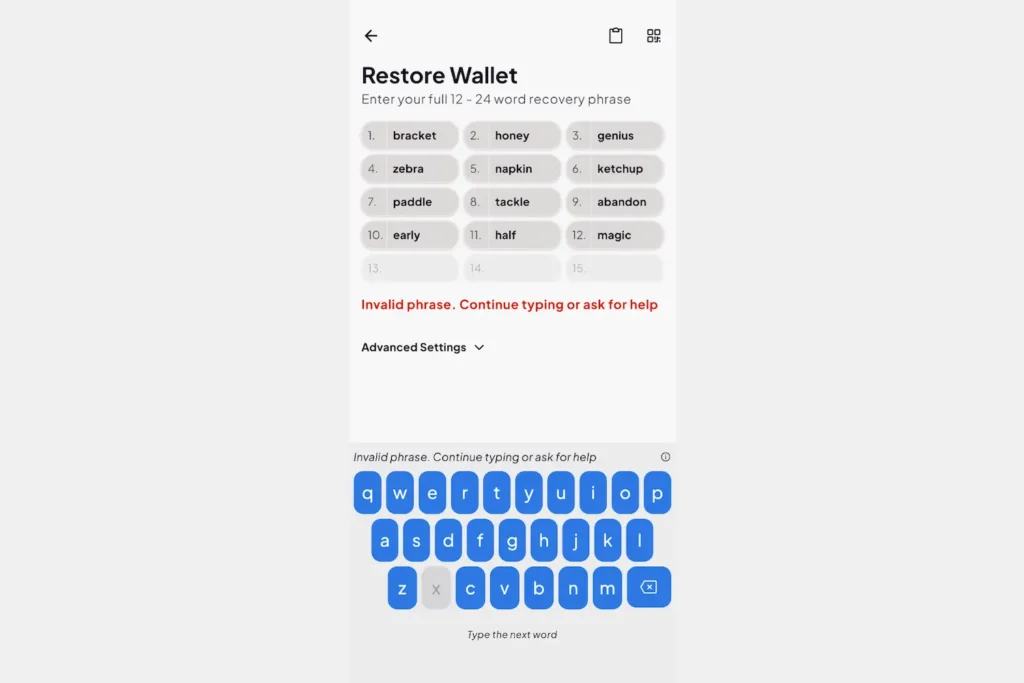 Coinomi's Restore Wallet screen showing a completed 12-word phrase flagged as invalid, with the error message 'Invalid phrase. Continue typing or ask for help' displayed in red below the word grid.