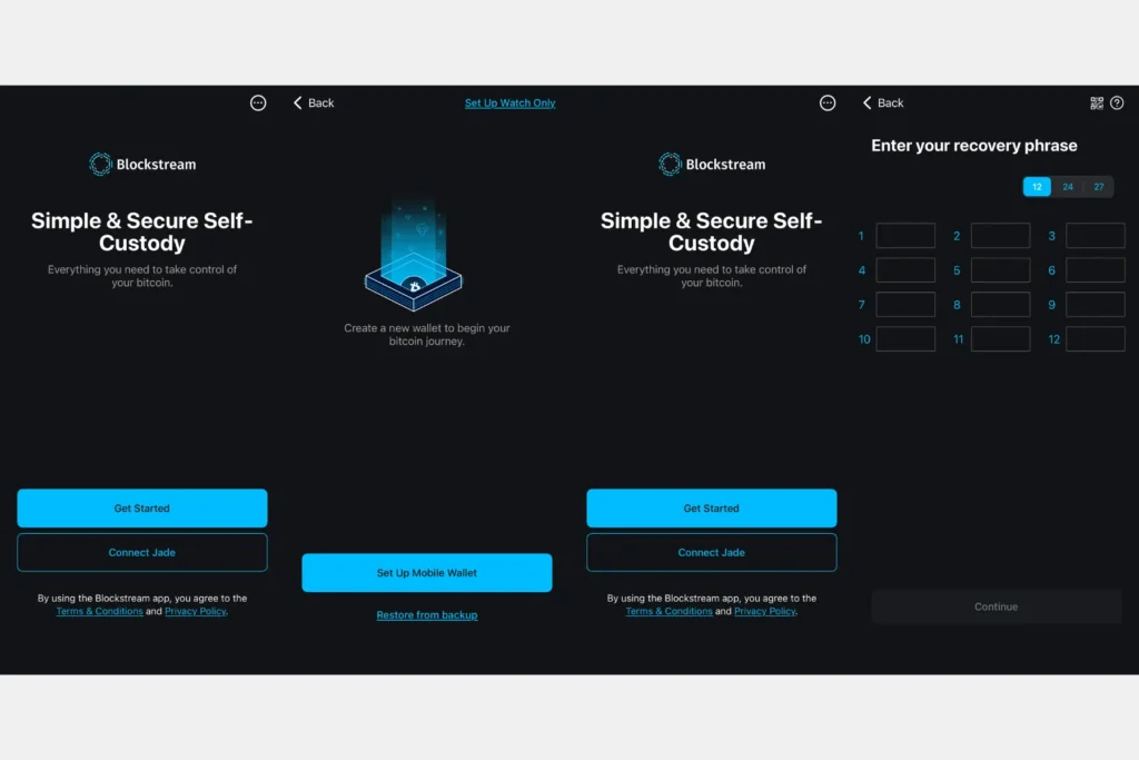 Blockstream Green Wallet app screens showing the Get Started home screen and the Enter Your Recovery Phrase input page.