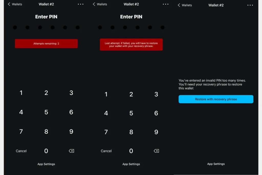 Three Green Wallet screens showing the PIN lockout progression: attempts remaining warning, last attempt alert, and the restore with recovery phrase prompt