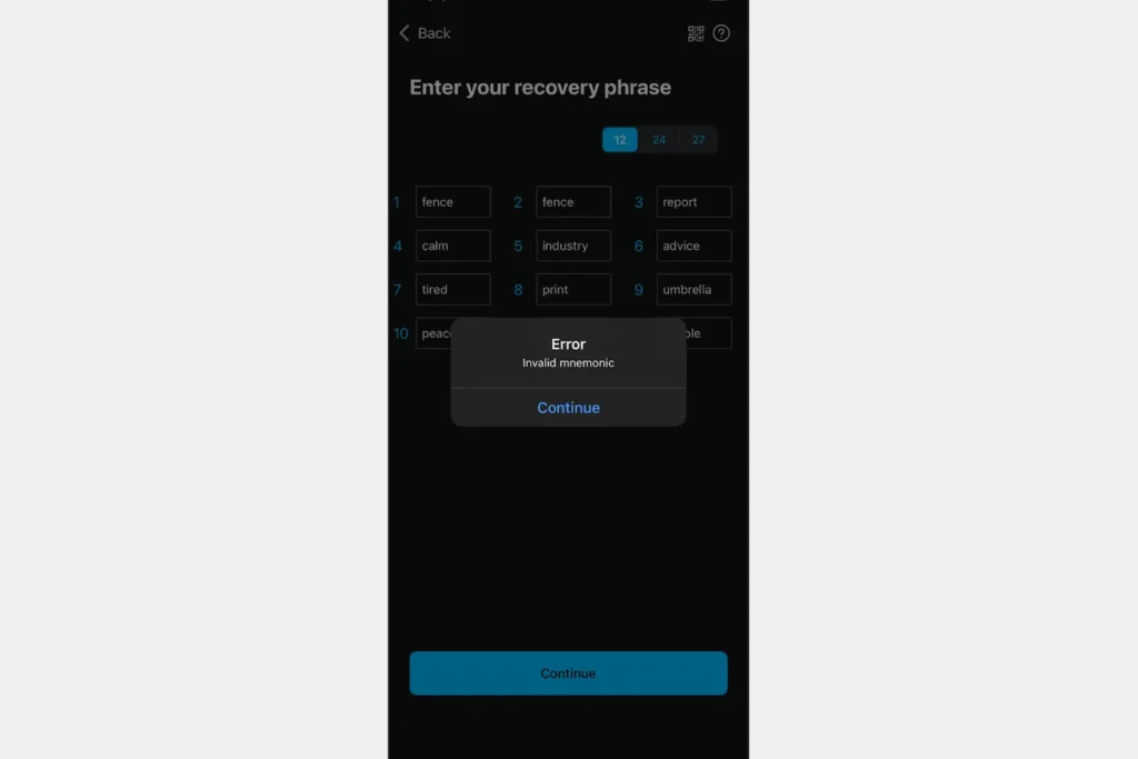 Blockstream Green Wallet showing an invalid mnemonic error message after entering an incorrect 12-word recovery phrase.