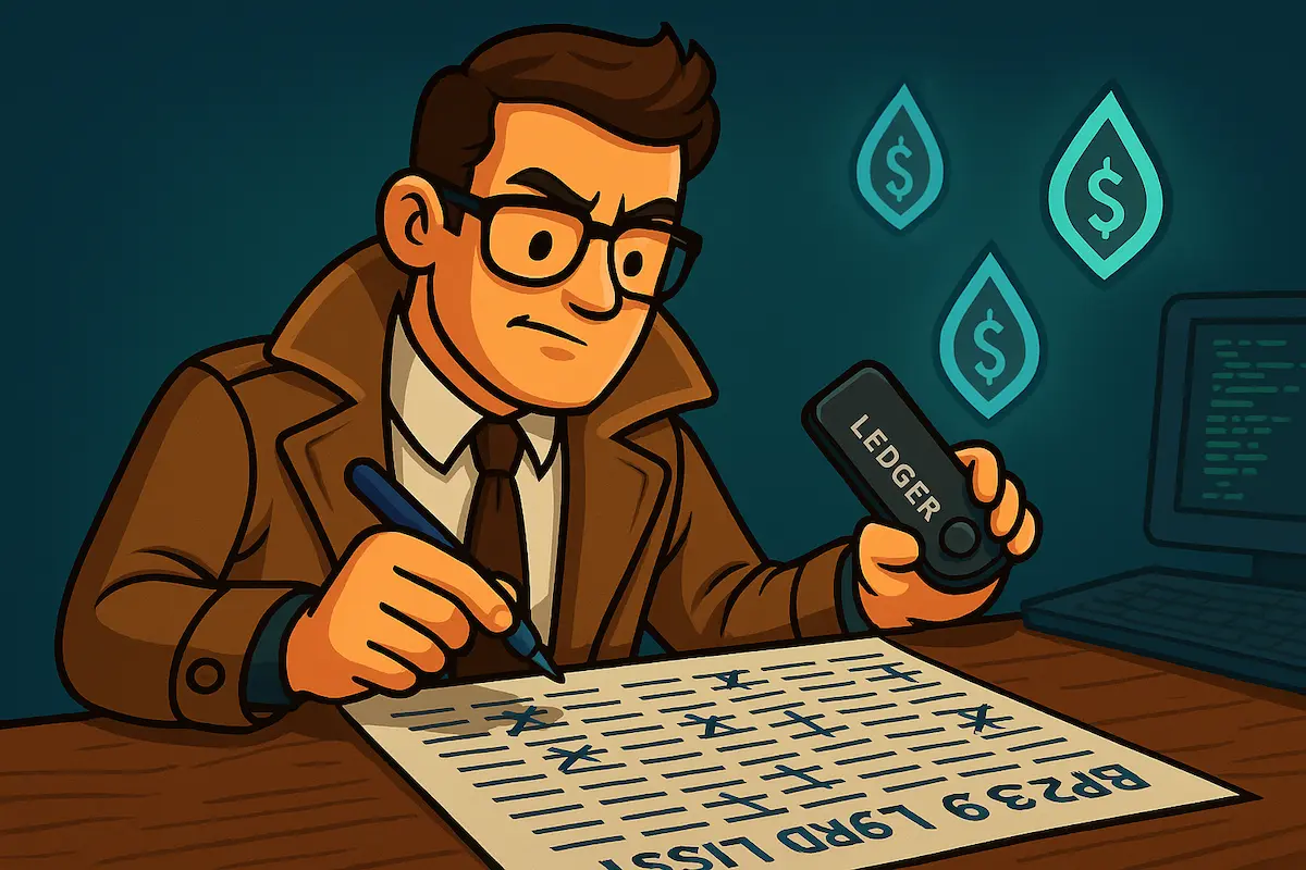 Illustration of a detective solving a case of a lost or forgot Ledger seed phrase restoration, holding a Ledger device and checking a recovery word list.
