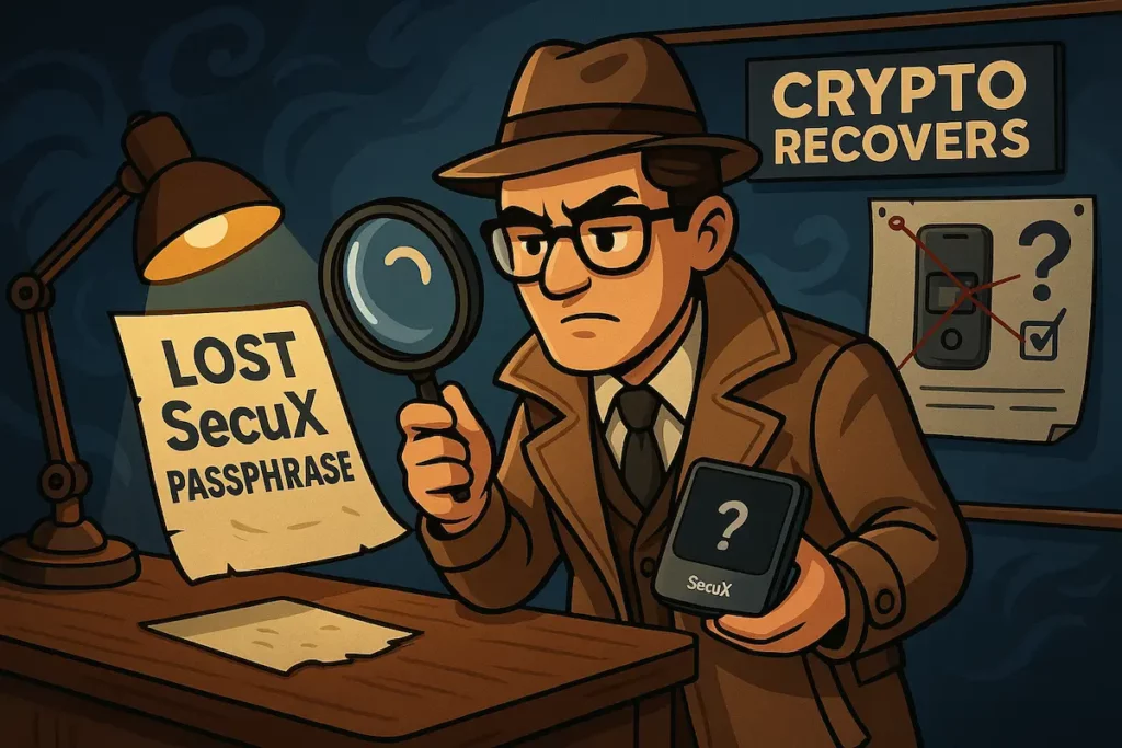 Detective holding a SecuX hardware wallet and magnifying glass while investigating a lost passphrase case at Crypto Recovers.