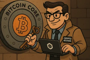 Illustration of a Crypto Recovers detective unlocking a Bitcoin Core wallet with a key and laptop