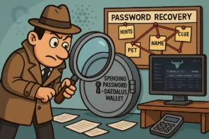 Cartoon detective examining a locked vault labeled “Spending Password – Daedalus Wallet,” with recovery clues and Cardano symbol.