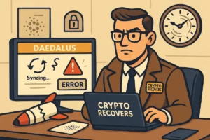 Cartoon crypto detective at a tech desk investigating Daedalus wallet sync, crash, and launch issues, with Cardano logo and Crypto Recovers branding.