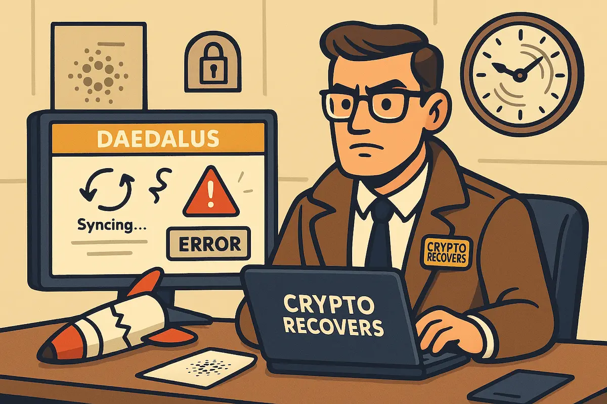 Cartoon crypto detective at a tech desk investigating Daedalus wallet sync, crash, and launch issues, with Cardano logo and Crypto Recovers branding.