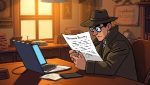 Detective reading MetaMask recovery instructions at CryptoRecovers office with laptop on desk