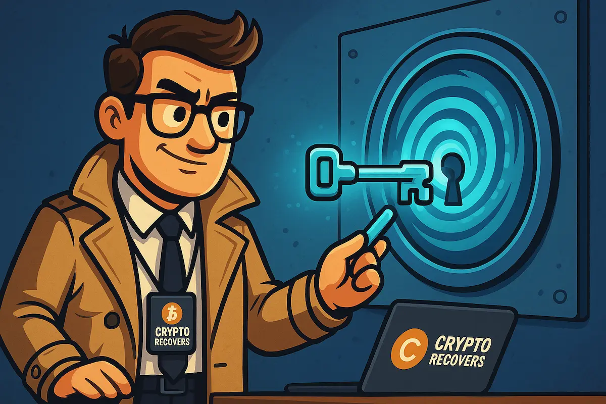 Crypto recovery expert unlocking a secure vault with a digital key, symbolizing lost Bitcoin wallet password recovery, with a Crypto Recovers laptop beside him.