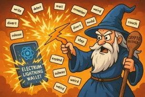 Illustration of a wizard recovering an Electrum Lightning Wallet using a lightning bolt and mnemonic seed words