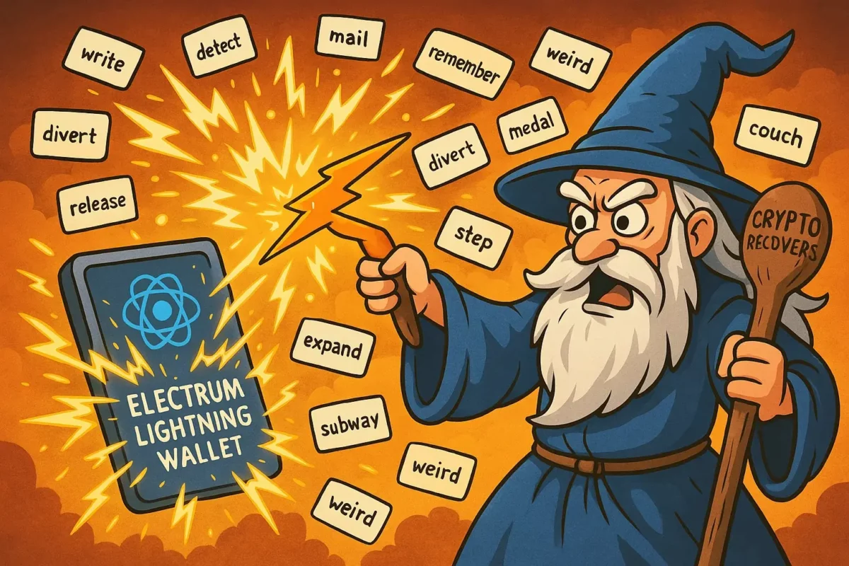Illustration of a wizard recovering an Electrum Lightning Wallet using a lightning bolt and mnemonic seed words