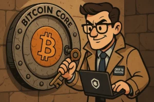 Detektiv mit Crypto Recovers-Abzeichen hält einen alten Schlüssel und entsperrt ein Bitcoin Core-Tresor, während er auf seinem Laptop arbeitet.