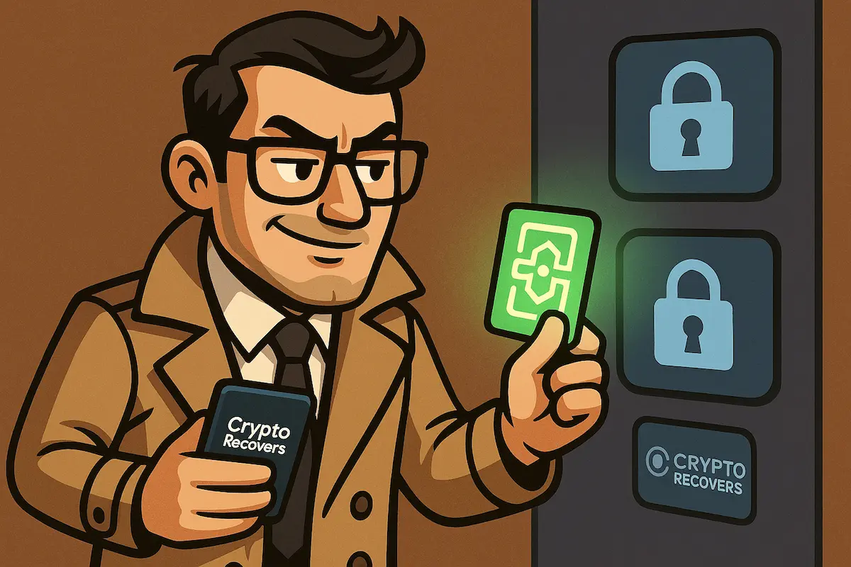 Illustrazione di un agente Crypto Recovers che sblocca l'accesso con una tessera di recupero Blockchain luminosa.