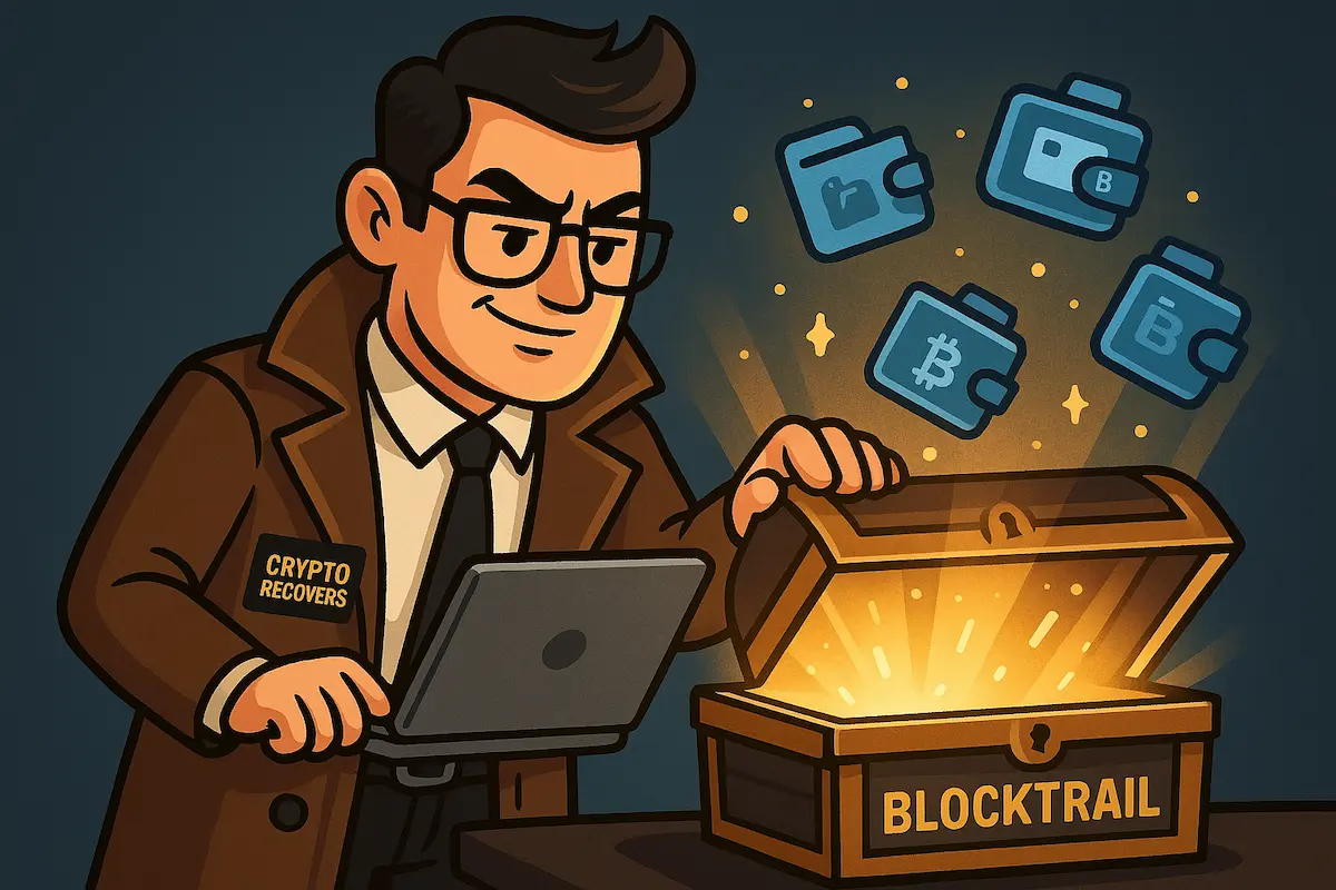 Detektiv mit Crypto Recovers-Abzeichen öffnet eine leuchtende Schatztruhe mit der Aufschrift Blocktrail, während digitale Wallet-Symbole in die Luft steigen.