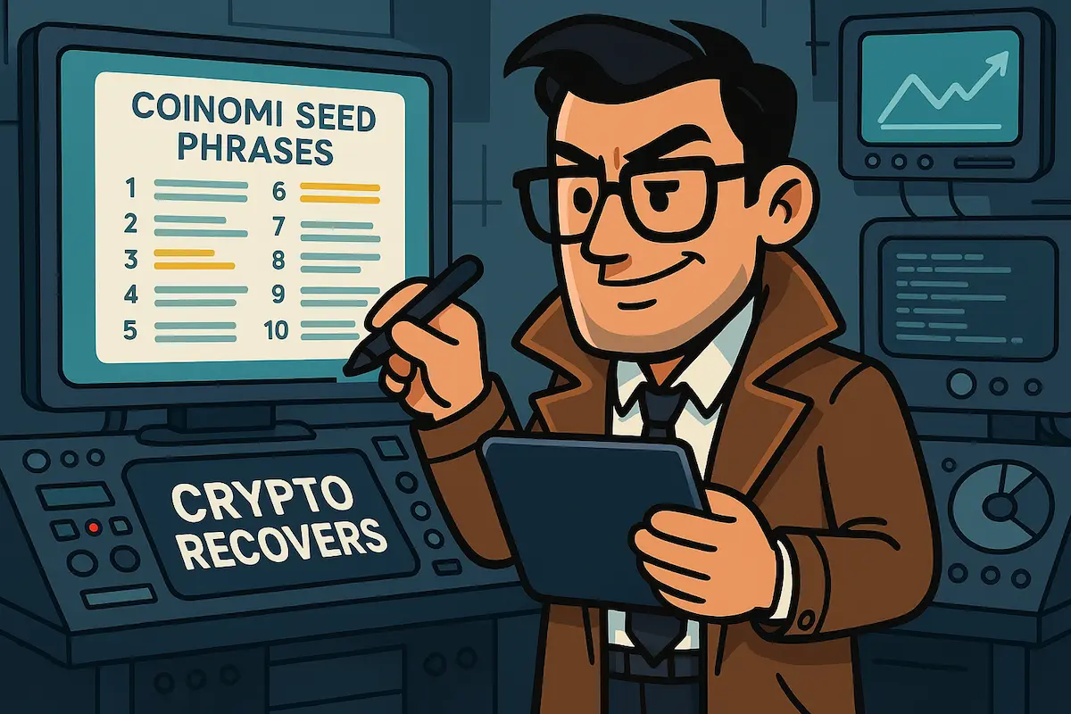 Эксперт по восстановлению криптовалют анализирует сид-фразы Coinomi на высокотехнологичном мониторе, держа планшет и стилус на рабочем месте Crypto Recovers.