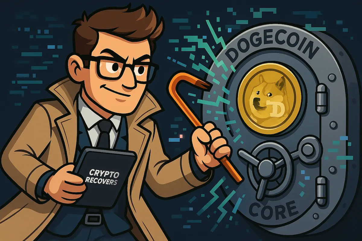 Illustrazione di un detective Crypto Recovers che sblocca un portafoglio Dogecoin Core con un piede di porco e strumenti digitali.