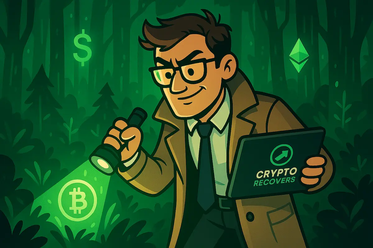 Agente de recuperación cripto corriendo por una cuadrícula digital mientras sostiene una tablet con Bitcoin y un documento de cartera, simbolizando la recuperación del acceso perdido.