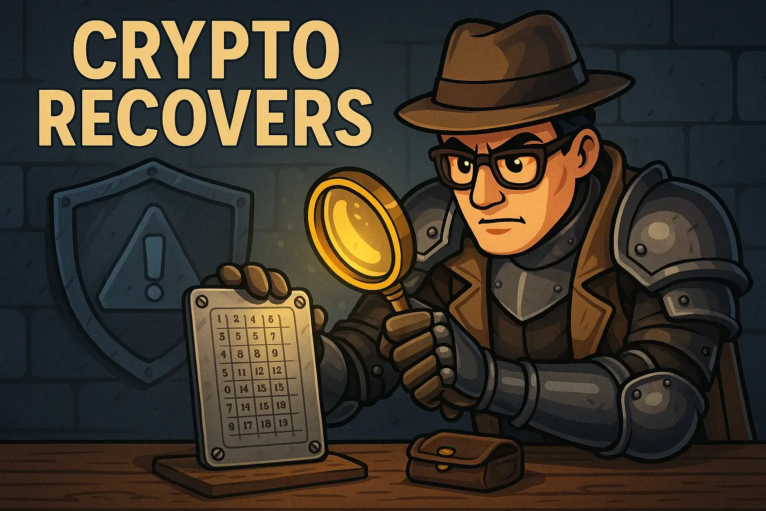Illustration of a crypto recovery expert in armor examining a recovery seed with a magnifying glass, representing Armory wallet recovery services by Crypto Recovers.