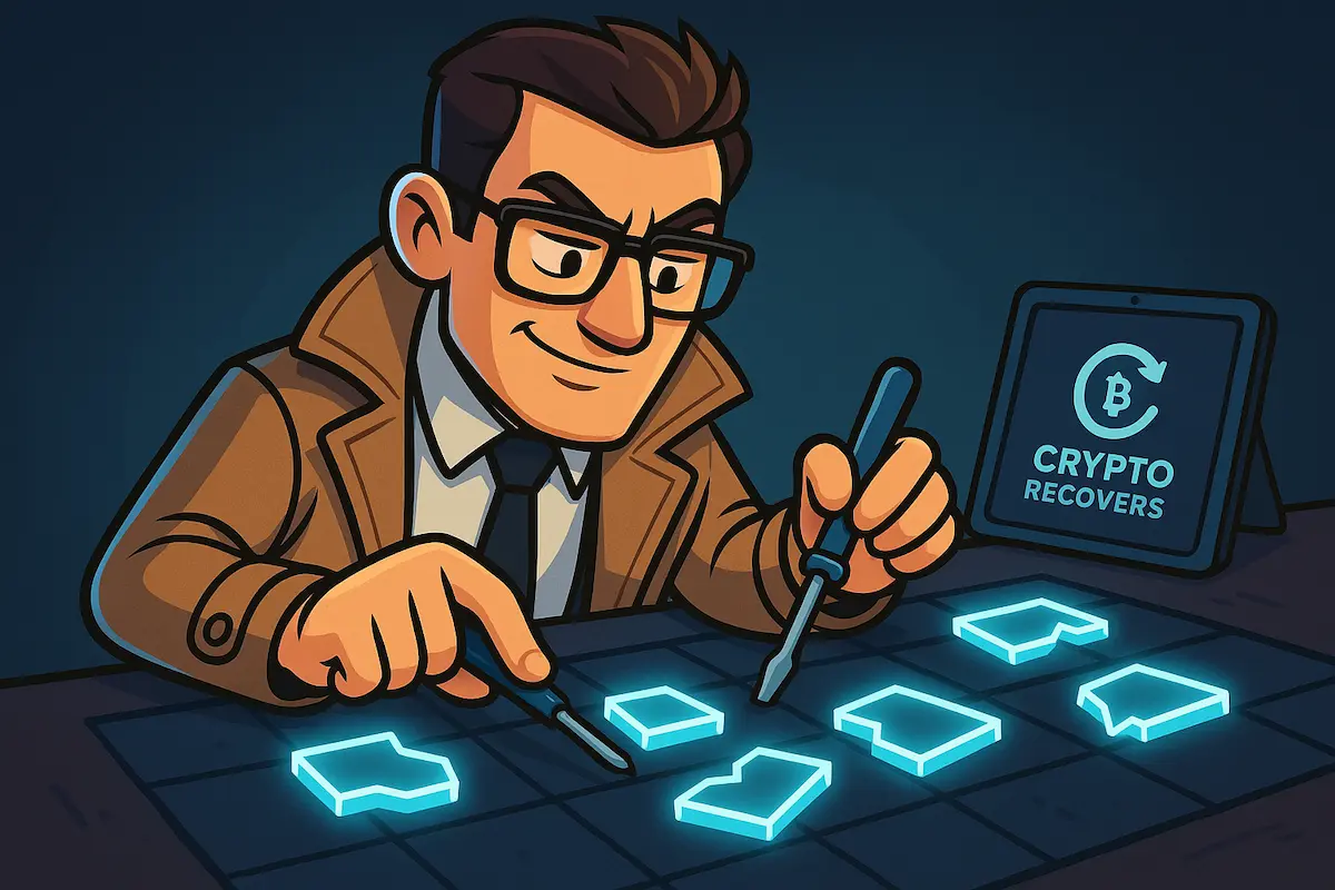 Una persona arma piezas de rompecabezas brillantes sobre una mesa, con una tablet mostrando "CRYPTO RECOVERS" y el logo de Bitcoin al fondo, simbolizando la reconstrucción de una frase semilla mnemotécnica inválida.