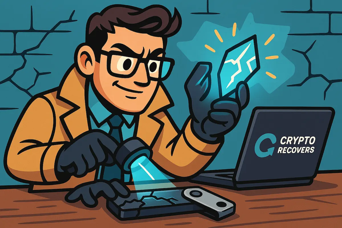 Crypto recovery expert examining a damaged Ledger hardware wallet under a flashlight, successfully retrieving a broken shard of wallet data
