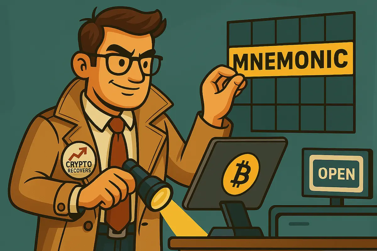 Experto en recuperación de carteras cripto colocando una frase mnemotécnica en un tablero, con el símbolo de Bitcoin en pantalla.