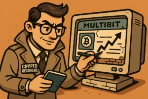 Illustration of a Crypto Recovers detective analyzing a MultiBit wallet on an old computer screen