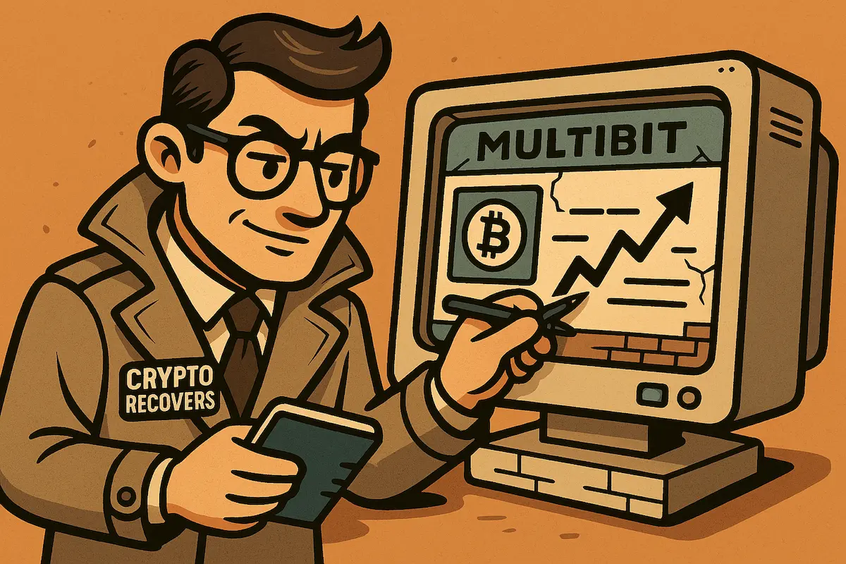 تصویری از کارآگاه Crypto Recovers که در حال تحلیل کیف پول MultiBit روی صفحه نمایشی قدیمی است.