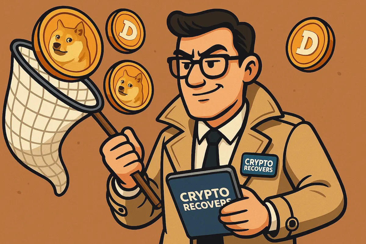Illustration d’un détective Crypto Recovers attrapant des Dogecoins avec un filet.