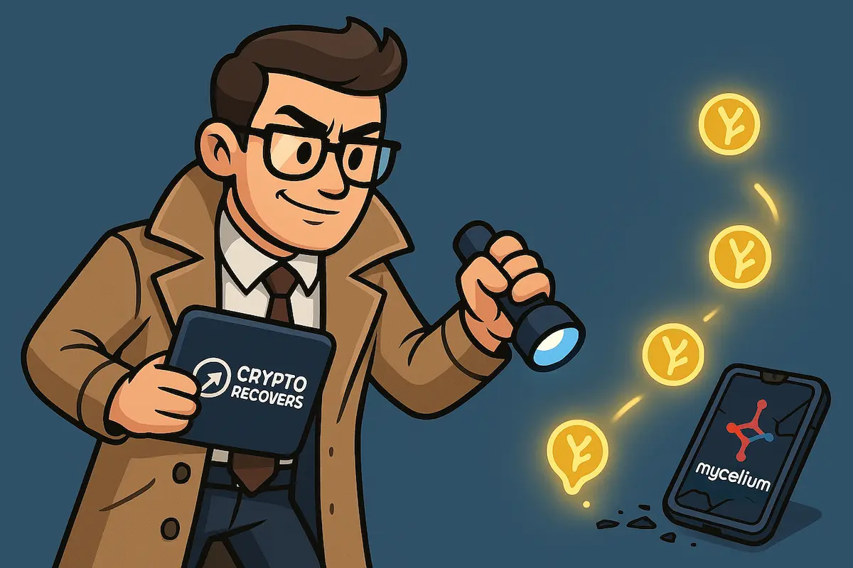 Illustration of a Crypto Recovers agent shining a flashlight on a broken Mycelium wallet revealing lost coins