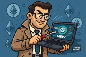 Illustration of a Crypto Recovers detective repairing access to a MyEtherWallet account on a laptop