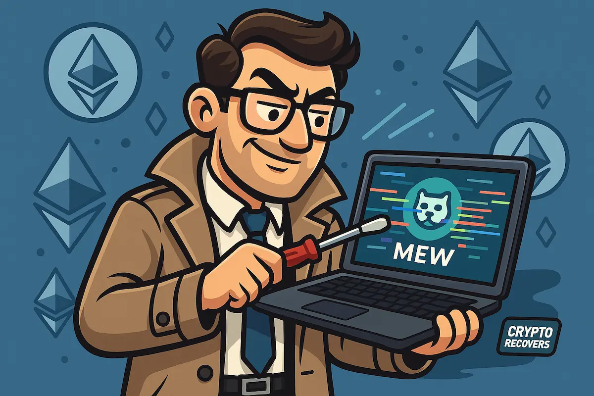 MyEtherWallet MEW Wallet Recovery Illustration of a Crypto Recovers detective repairing access to a MyEtherWallet account on a laptop