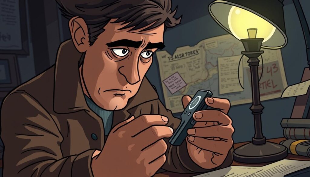 recover Ledger nano passphrase Investigator holding a Ledger hardware wallet, looking concerned while recovering a lost passphrase in a dimly lit room with notes and maps in the background