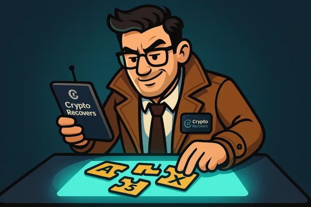 A person assembles a puzzle with glowing, incomplete pieces marked with letters and numbers, holding a tablet displaying "Crypto Recovers," symbolizing the recovery of an incomplete private key.