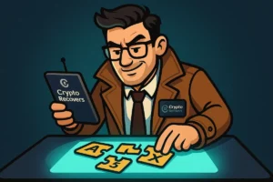 A person assembles a puzzle with glowing, incomplete pieces marked with letters and numbers, holding a tablet displaying "Crypto Recovers," symbolizing the recovery of an incomplete private key.