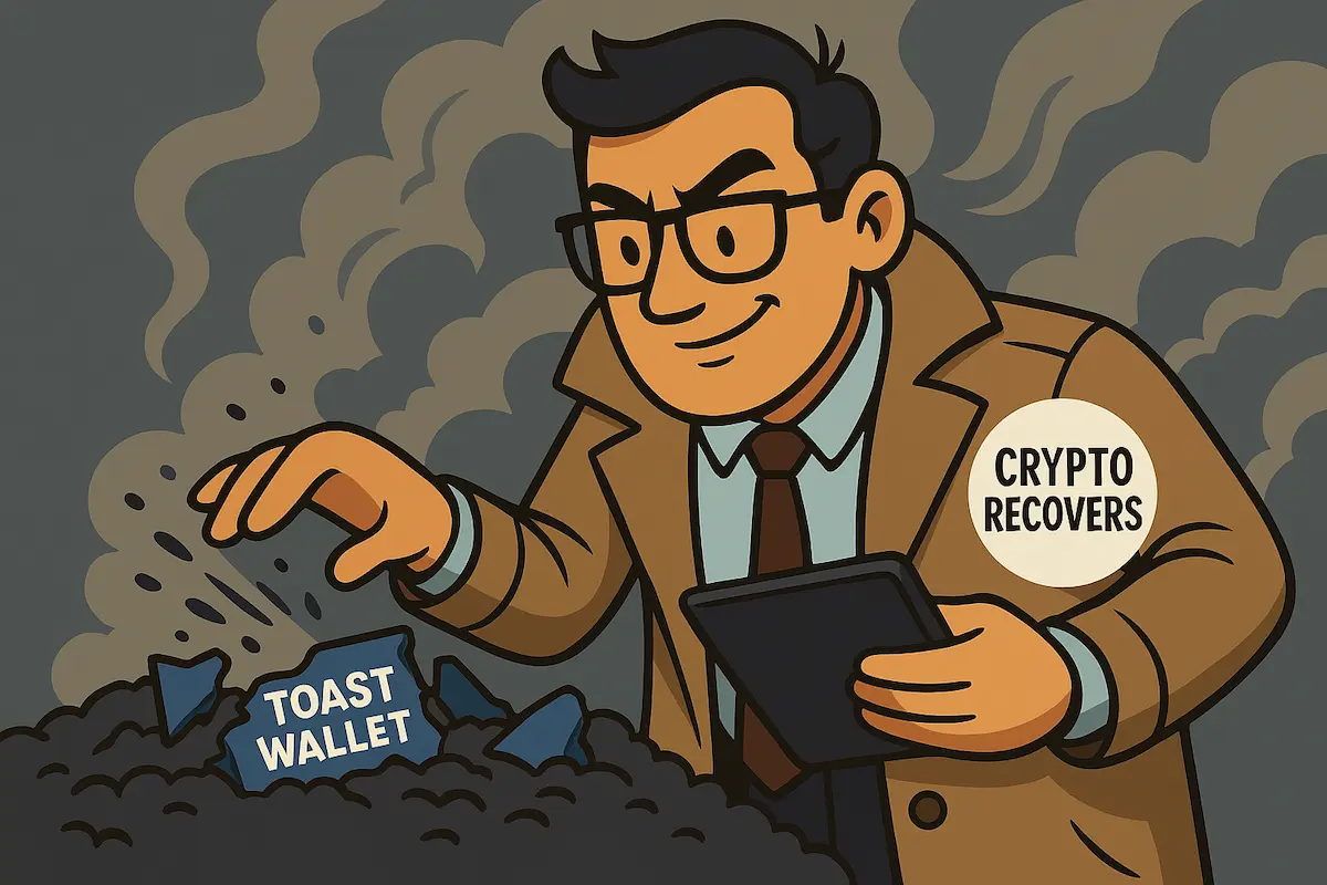 Illustrazione di un agente Crypto Recovers che recupera un portafoglio Toast rotto tra macerie e fumo.