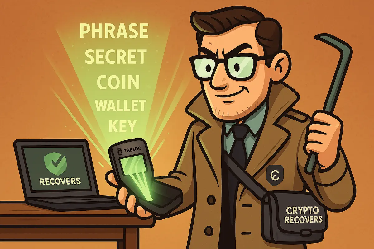 Crypto wallet recovery specialist holding a Trezor hardware wallet emitting keywords like phrase, secret, coin, wallet, and key, with a crowbar and recovery laptop beside him.