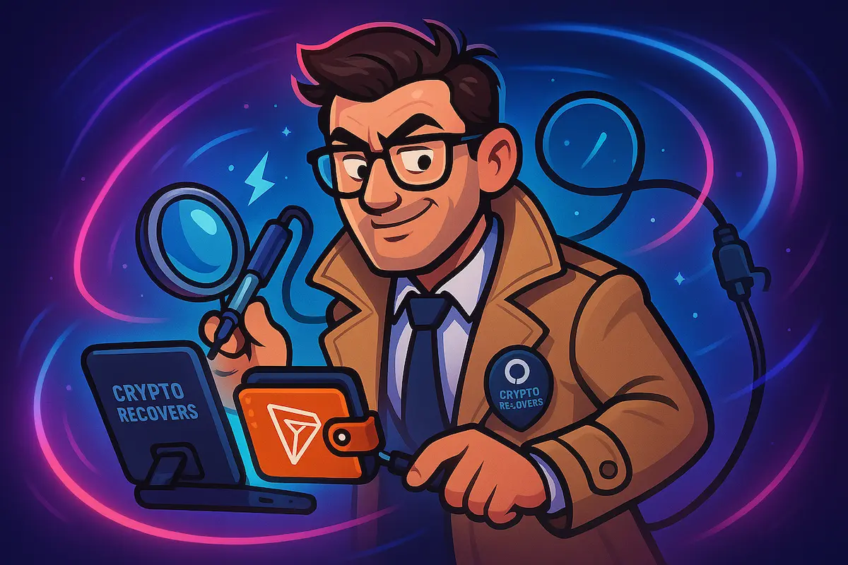 Crypto recovery expert investigating a TRON wallet with a magnifying glass and laptop, surrounded by swirling digital energy and connected cables.