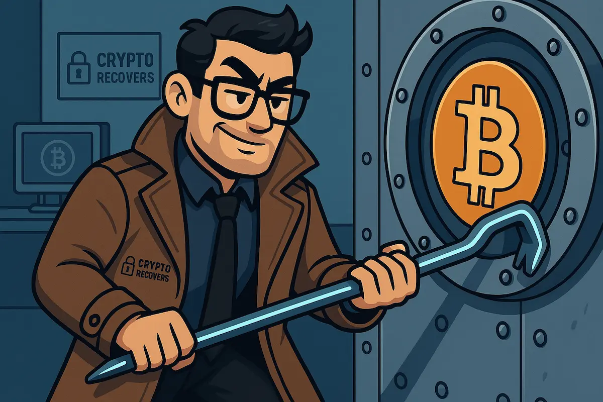A person in a trench coat struggles to open a Bitcoin wallet vault with a crowbar, symbolizing wallet recovery