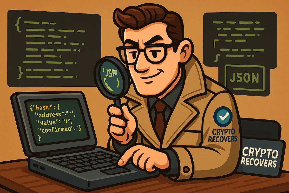 Эксперт по восстановлению криптовалют анализирует данные JSON UTC или Keystore на ноутбуке с лупой, рядом — экраны с фрагментами кода.