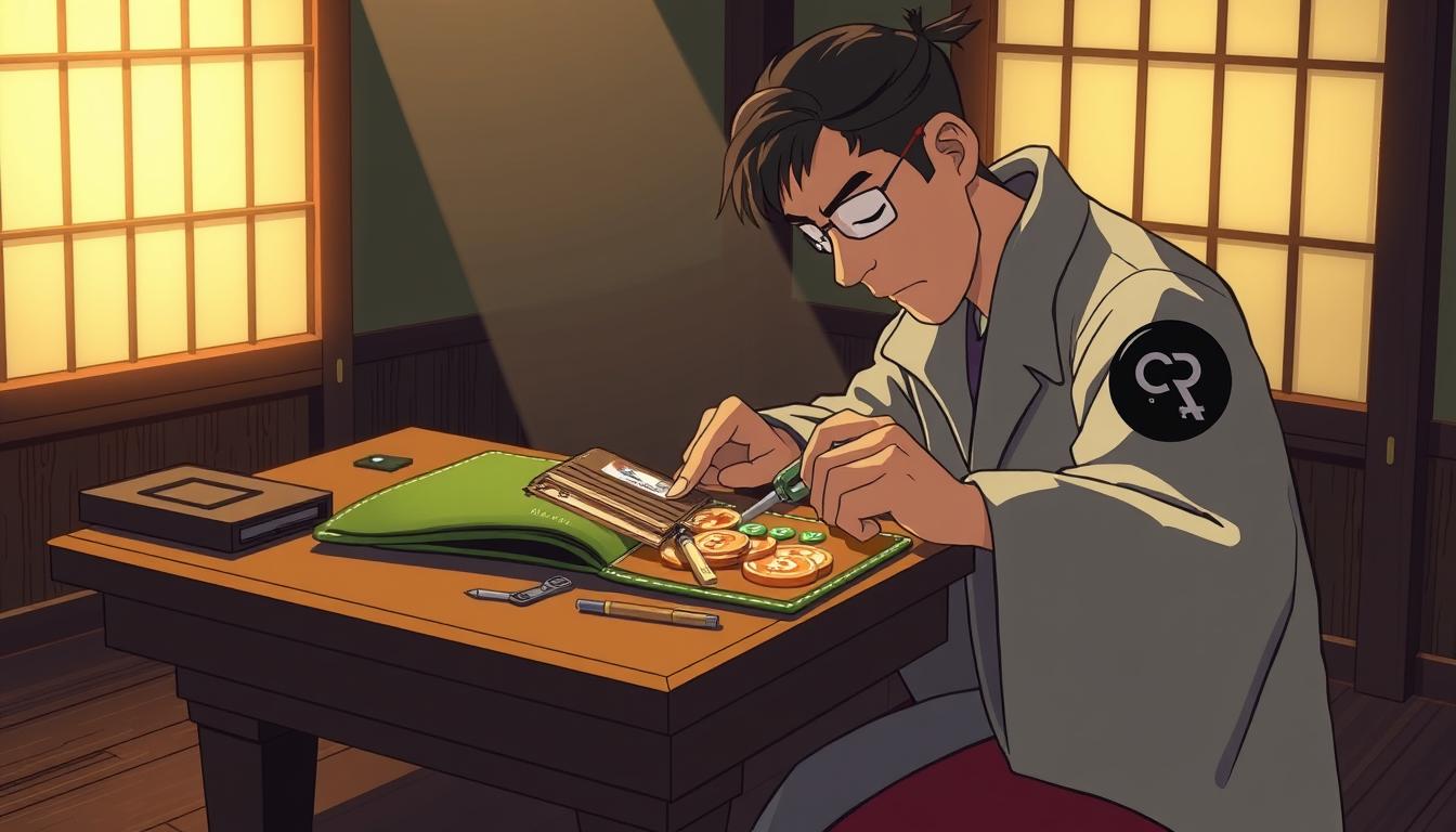 Crypto recovery specialist inspecting Wasabi wallet with Bitcoin inside in a secure setting