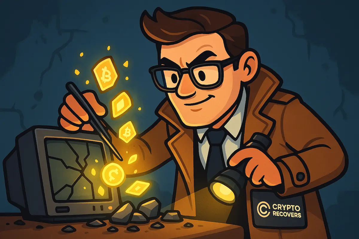Мультяшный специалист Crypto Recovers с пинцетом и фонариком извлекает светящиеся криптовалютные монеты из разбитого устройства.