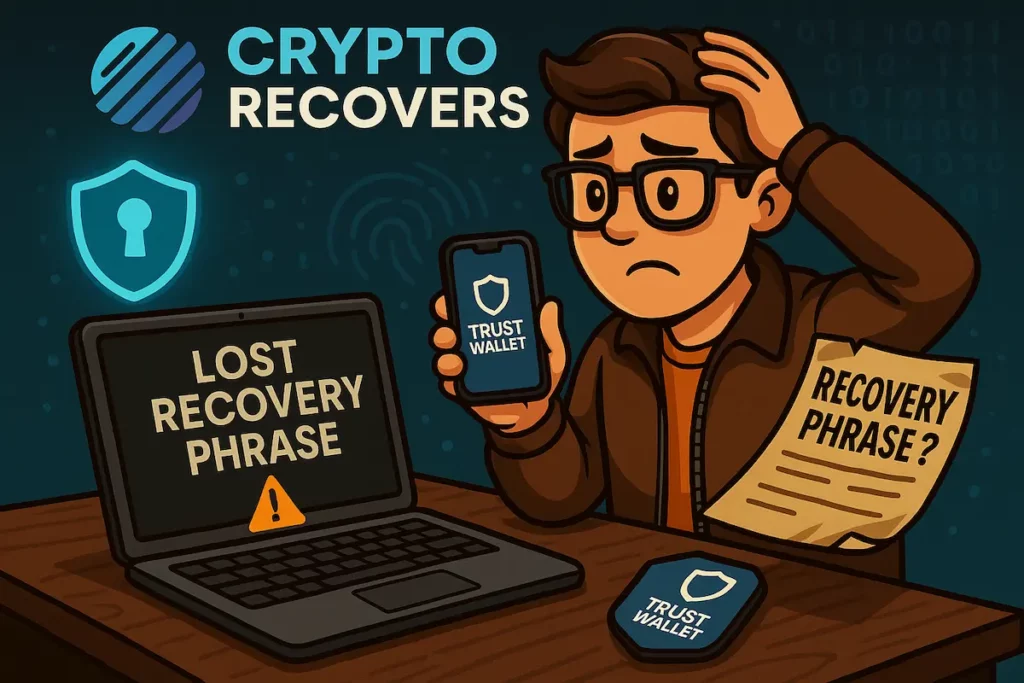 Illustration of a worried man holding a phone with the Trust Wallet app, sitting at a desk with a laptop showing 'Lost Recovery Phrase' and a paper labeled 'Recovery Phrase?'. Crypto Recovers logo is displayed at the top, symbolizing crypto wallet recovery services.