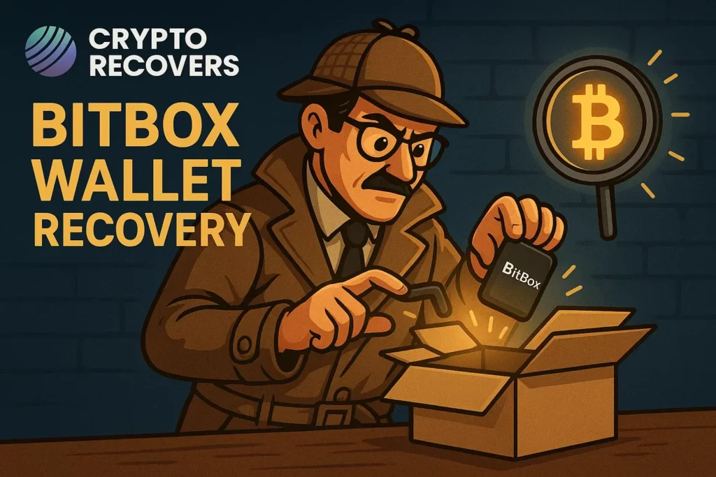 Detective examining a BitBox hardware wallet with a magnifying glass, representing crypto wallet recovery services by Crypto Recovers.