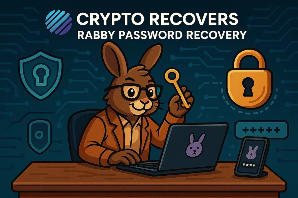 Cartoon rabbit unlocking a crypto wallet on a laptop for Rabby password recovery