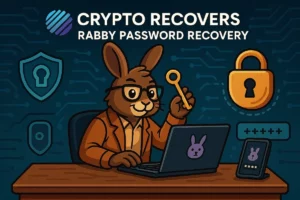 Cartoon rabbit unlocking a crypto wallet on a laptop for Rabby password recovery